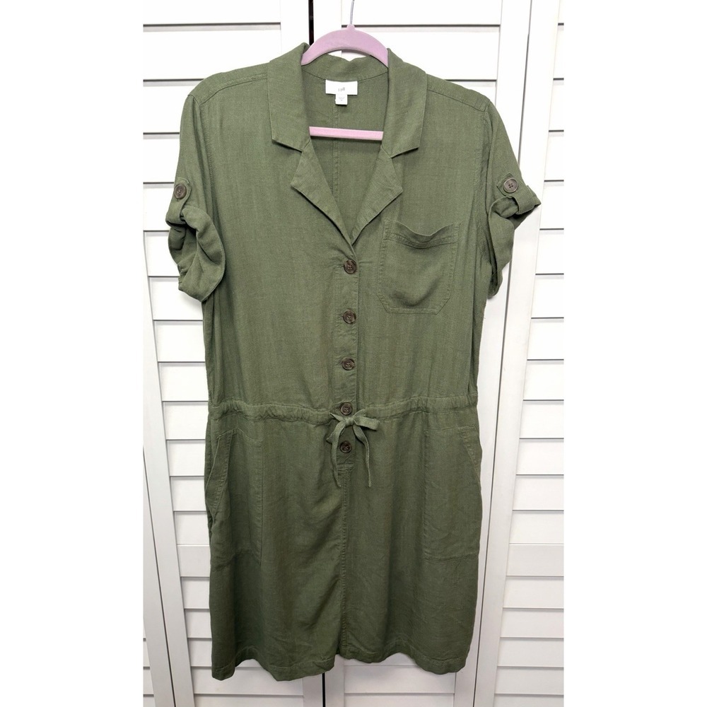 J. Jill Linen Blend Utility Shirt Dress Coastal Women's Size Medium Olive Green